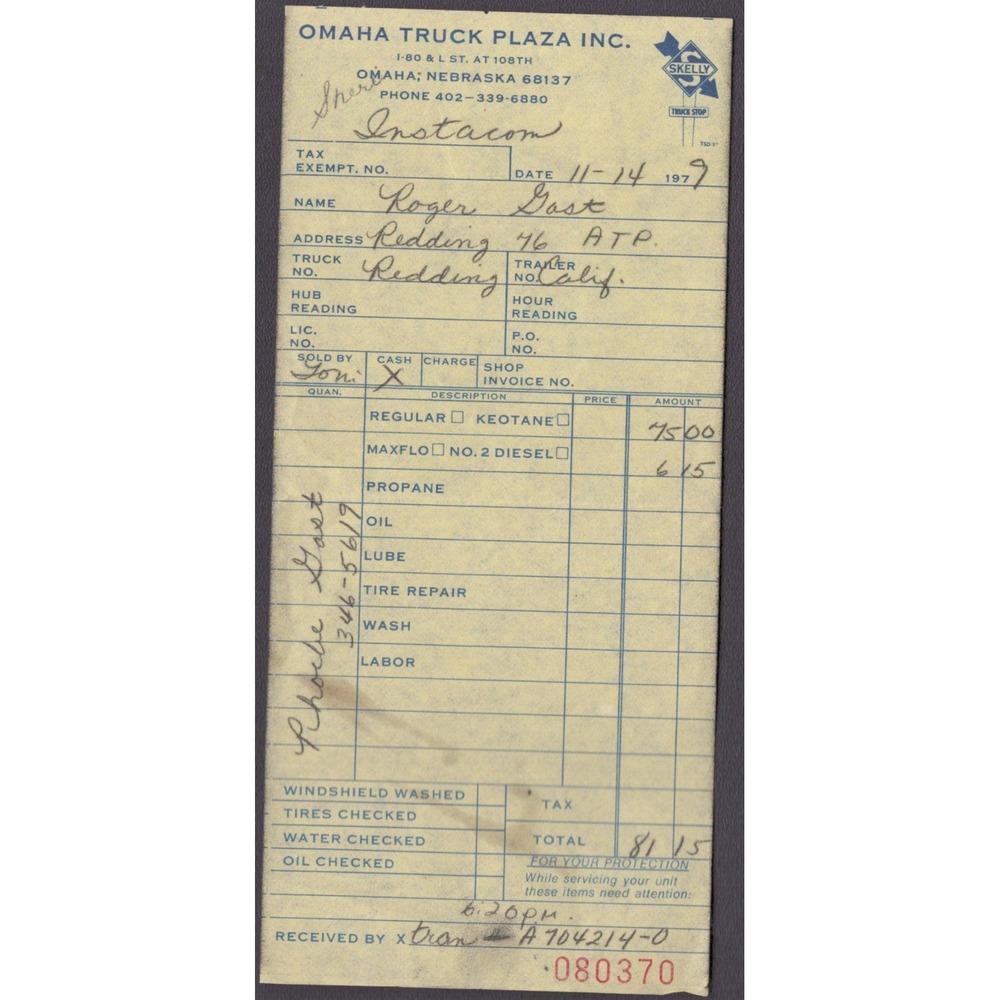Vintage 1979 Billhead Omaha NE Skelly Truck Stop Fuel Receipt Roger Gast